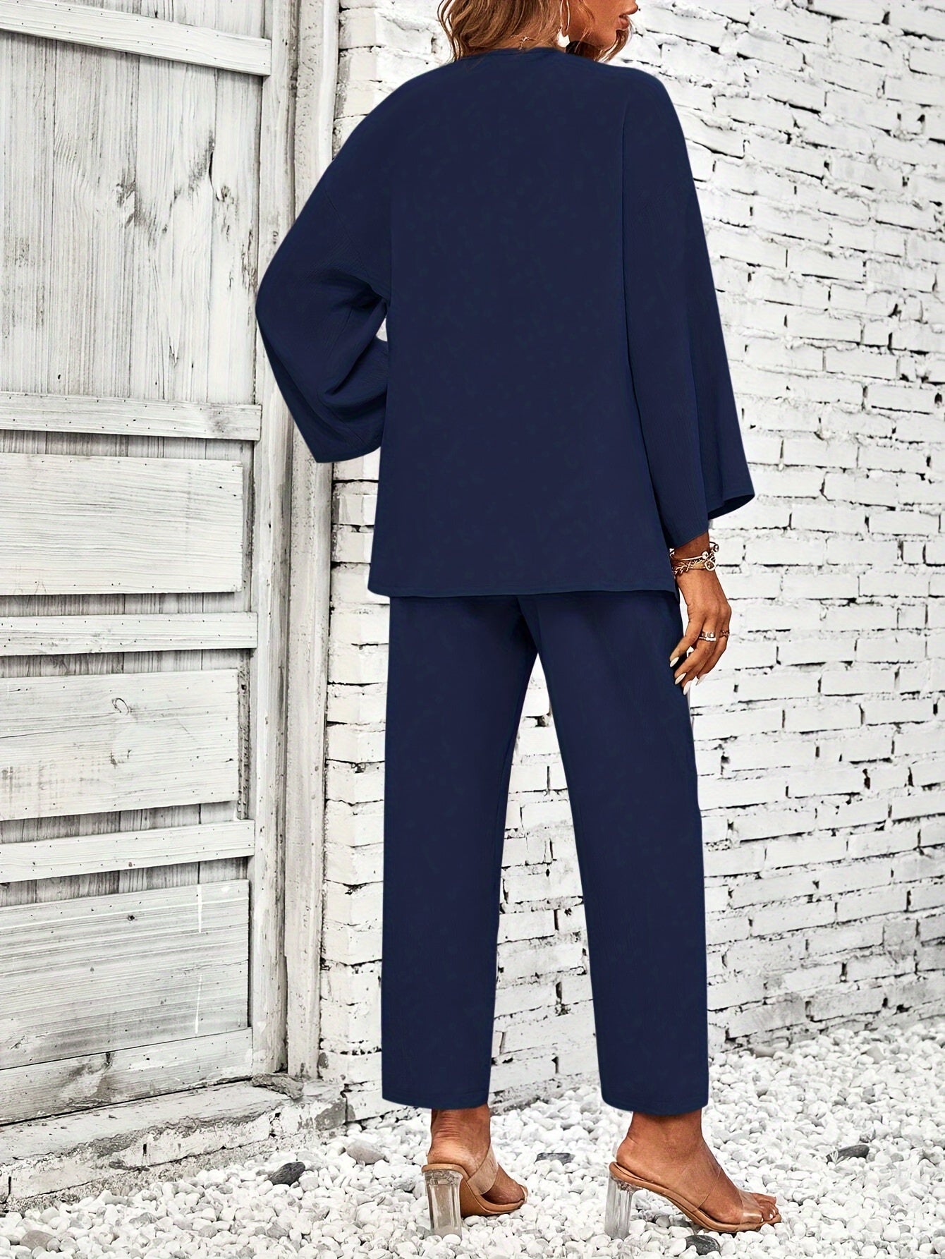 Conjunto Feminino Elegante 2 Peças – Jaqueta Aberta Manga Longa + Calça Cintura Elástica