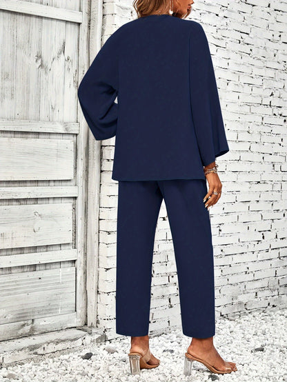 Conjunto Feminino Elegante 2 Peças – Jaqueta Aberta Manga Longa + Calça Cintura Elástica