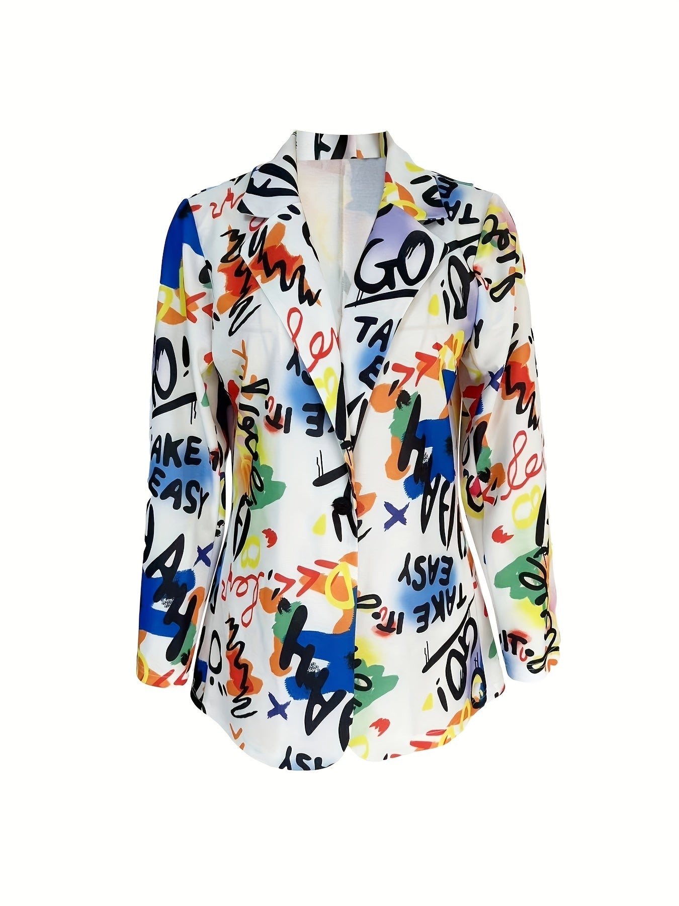 Blazer Plus Size Estampa Graffiti – Lapela Clássica, Botão Único & Design com Slight Stretch
