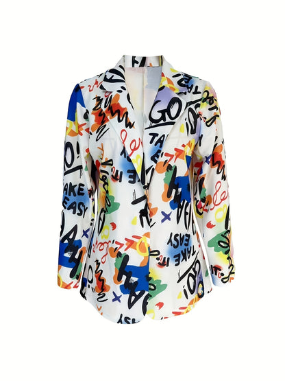 Blazer Plus Size Estampa Graffiti – Lapela Clássica, Botão Único & Design com Slight Stretch