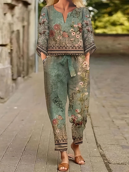 Conjunto Feminino Vintage Floral – Camisa Gola V + Calça com Cós Amarração