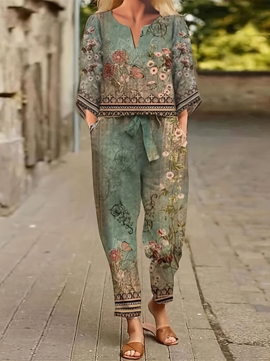 Conjunto Feminino Vintage Floral – Camisa Gola V + Calça com Cós Amarração