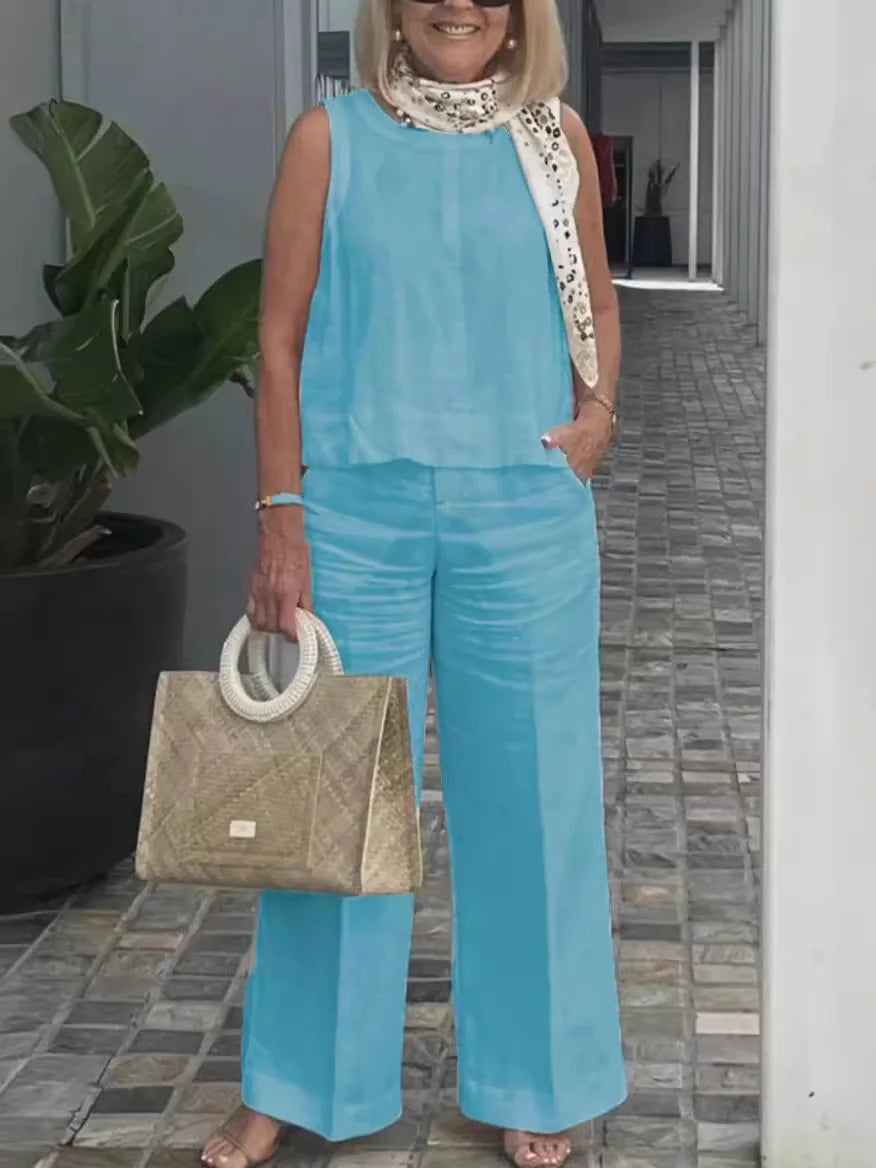 Conjunto Feminino Linho Sólido – Blusa Regata + Calça Wide-Leg