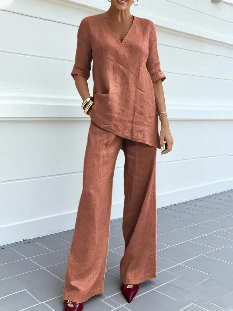 Conjunto Algodão & Linho – Blusa Decote V & Calça Reta