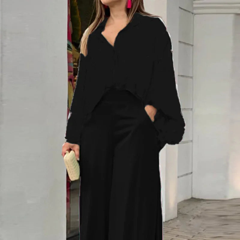 Conjunto Feminino 2 Peças Verão 2024 – Camisa Polo Manga Curta + Calça Wide Leg Estampada