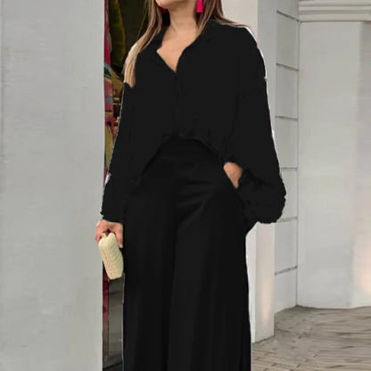 Conjunto Feminino 2 Peças Verão 2024 – Camisa Polo Manga Curta + Calça Wide Leg Estampada