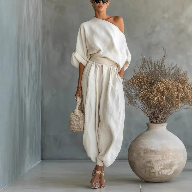 Conjunto Resort Luxe – Ombro Assimétrico & Calça Wide Leg