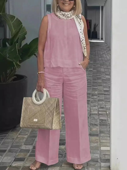 Conjunto Feminino Linho Sólido – Blusa Regata + Calça Wide-Leg