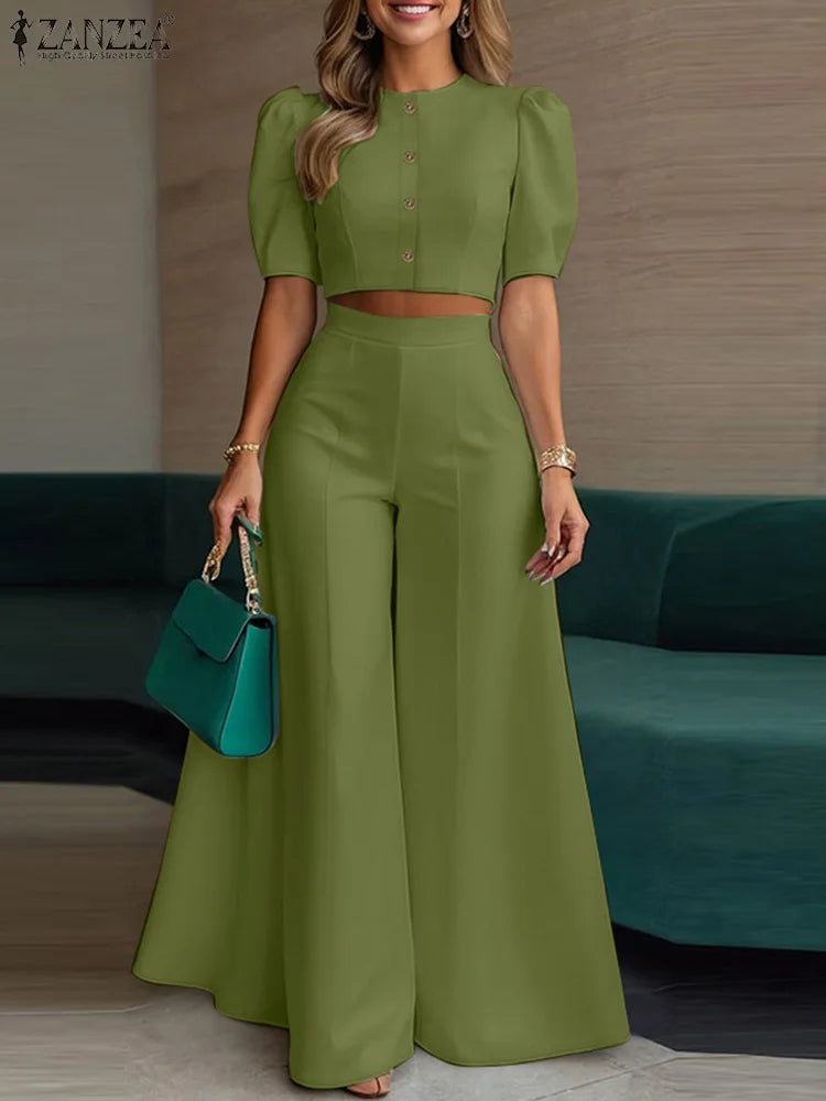 ZANZEA Women's Set – Crop Top & Wide Leg Pants