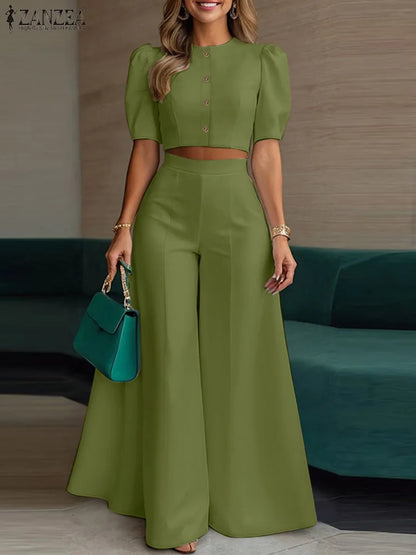 ZANZEA Women's Set – Crop Top & Wide Leg Pants