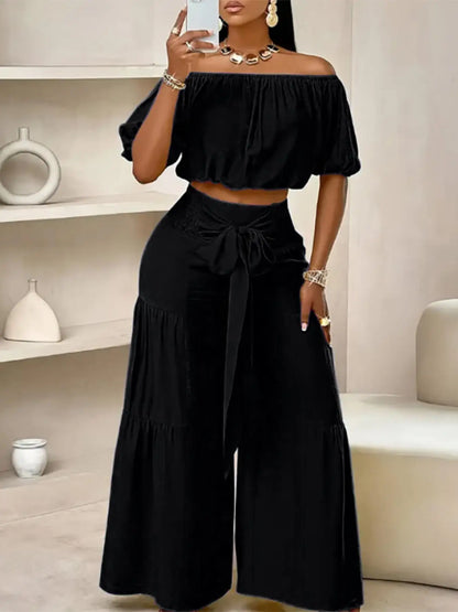 Women's Casual Set – Top & High-Waisted Wide Leg Pants
