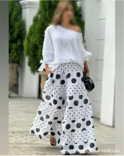 Conjunto Feminino Casual – Top Diagonal + Calça Estampa Poá