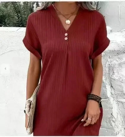 Vestido Feminino Malha Leve – Decote em V, Manga Curta e Corte Solto para Verão