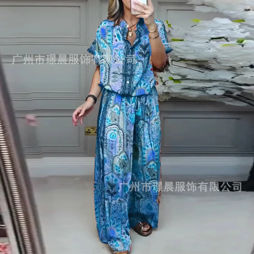 Conjunto Verão 2025 Feminino – Top Estampado Manga Curta + Calça Wide-Leg