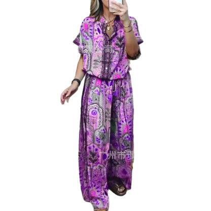 Conjunto Verão 2025 Feminino – Top Estampado Manga Curta + Calça Wide-Leg