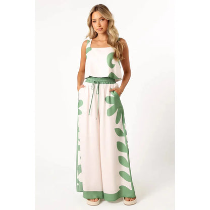 Conjunto Feminino de Verão – Colete Sem Manga & Calça Wide Leg Estampada