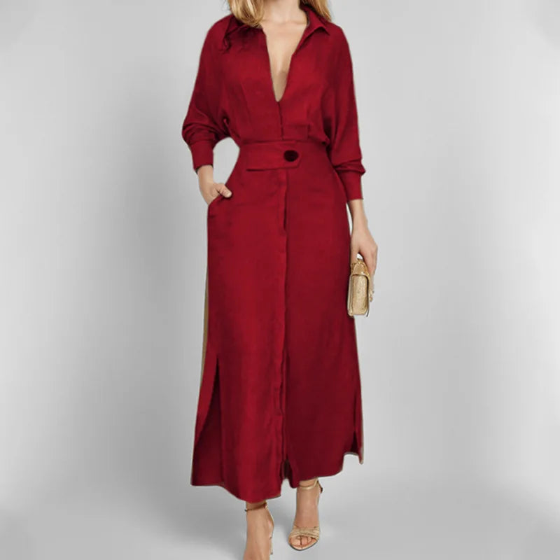 Vestido Feminino de Outono – Manga Longa com Decote V