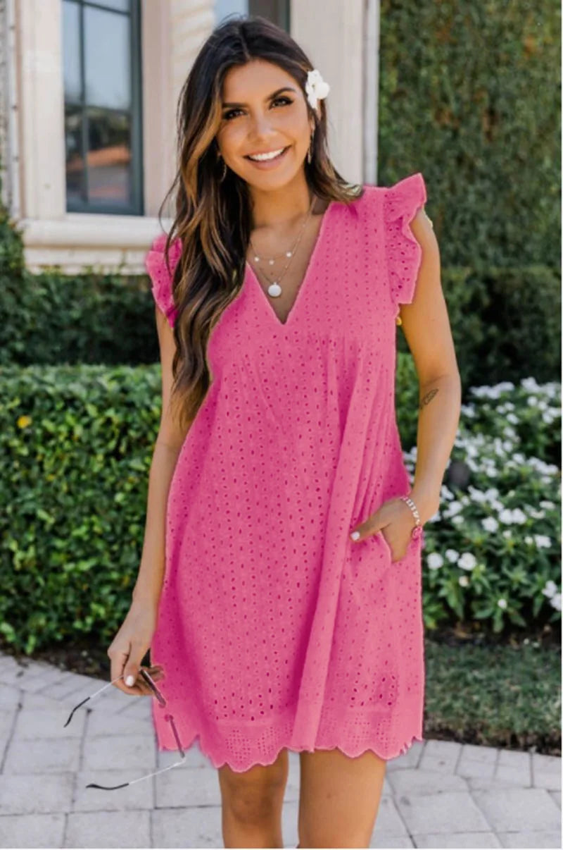 Vestido Midi em Jacquard com Detalhes Vazados e Bolsos