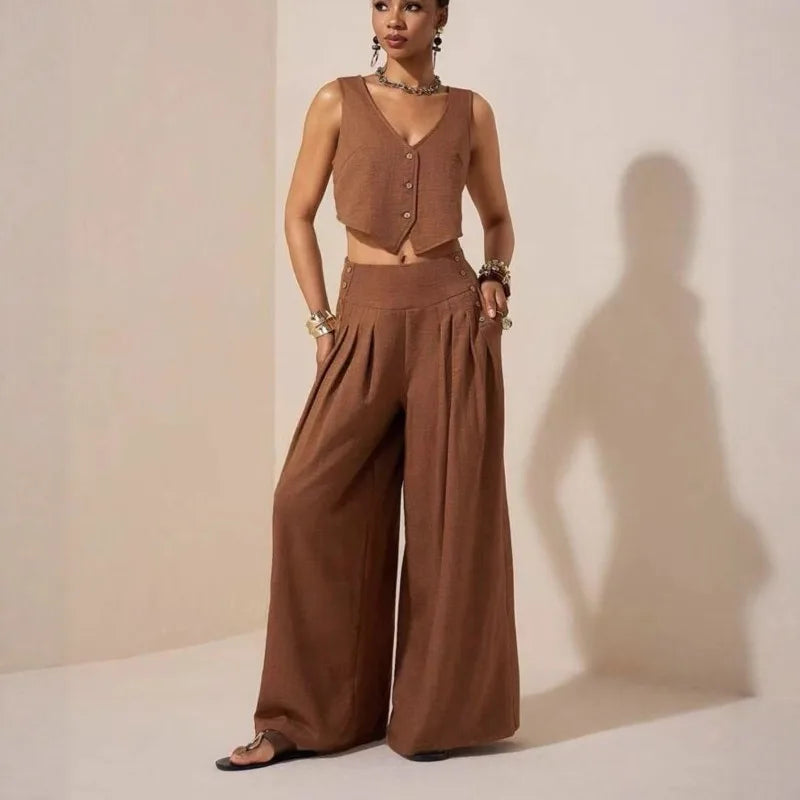 Linen Luxe Set – Elegant Vest & Wide Leg Trousers