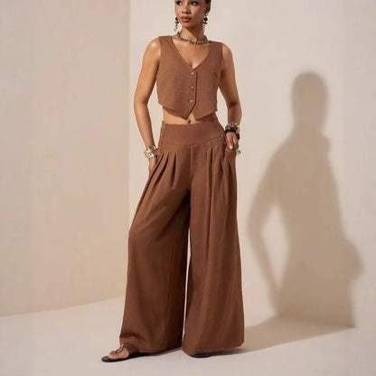 Linen Luxe Set – Elegant Vest & Wide Leg Trousers