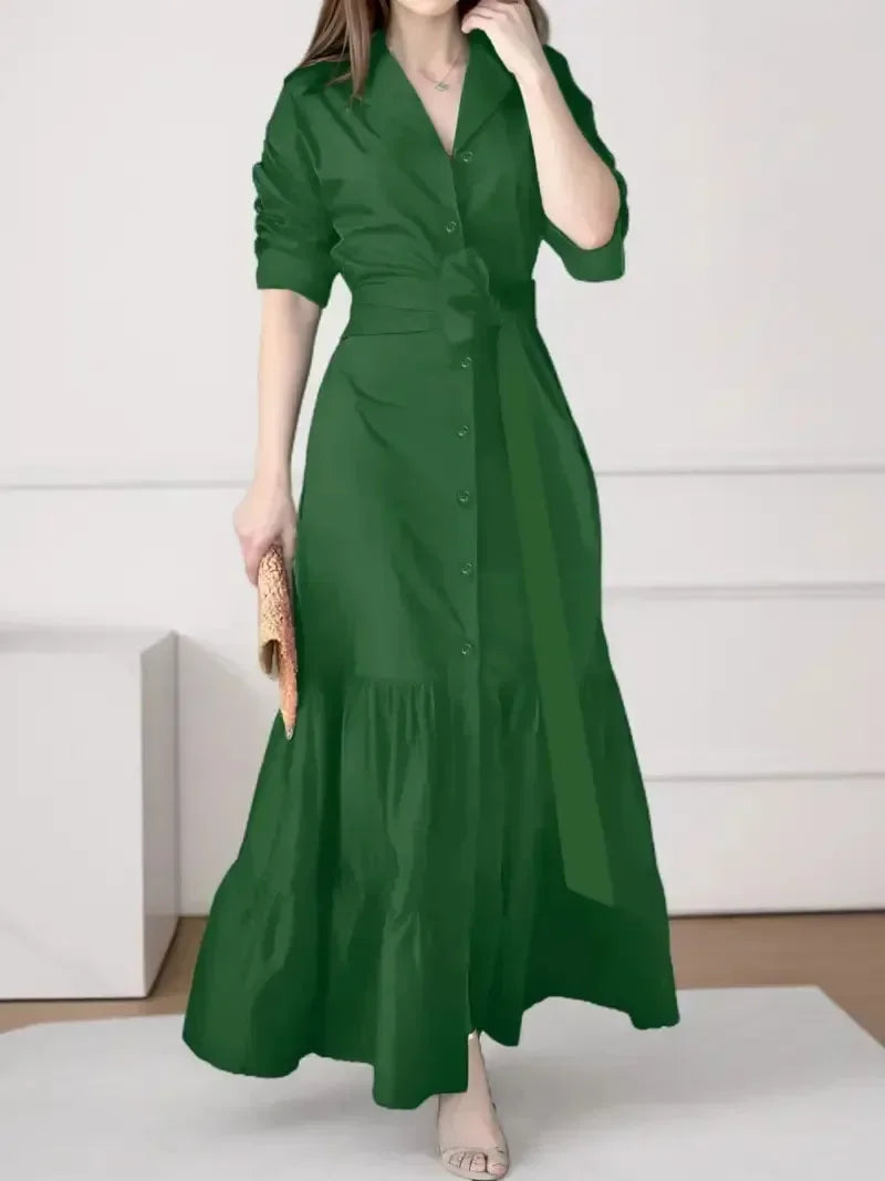 Vestido Feminino Manga Longa – Decote V e Cadarço na Cintura