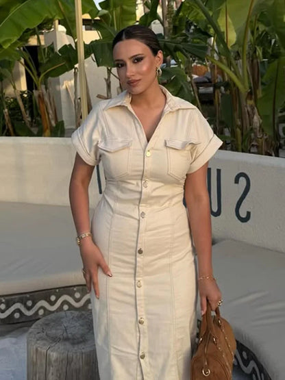 Off-White Denim Midi Dress – Front Buttons & Casual Elegance