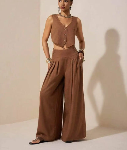 Linen Luxe Set – Elegant Vest & Wide Leg Trousers