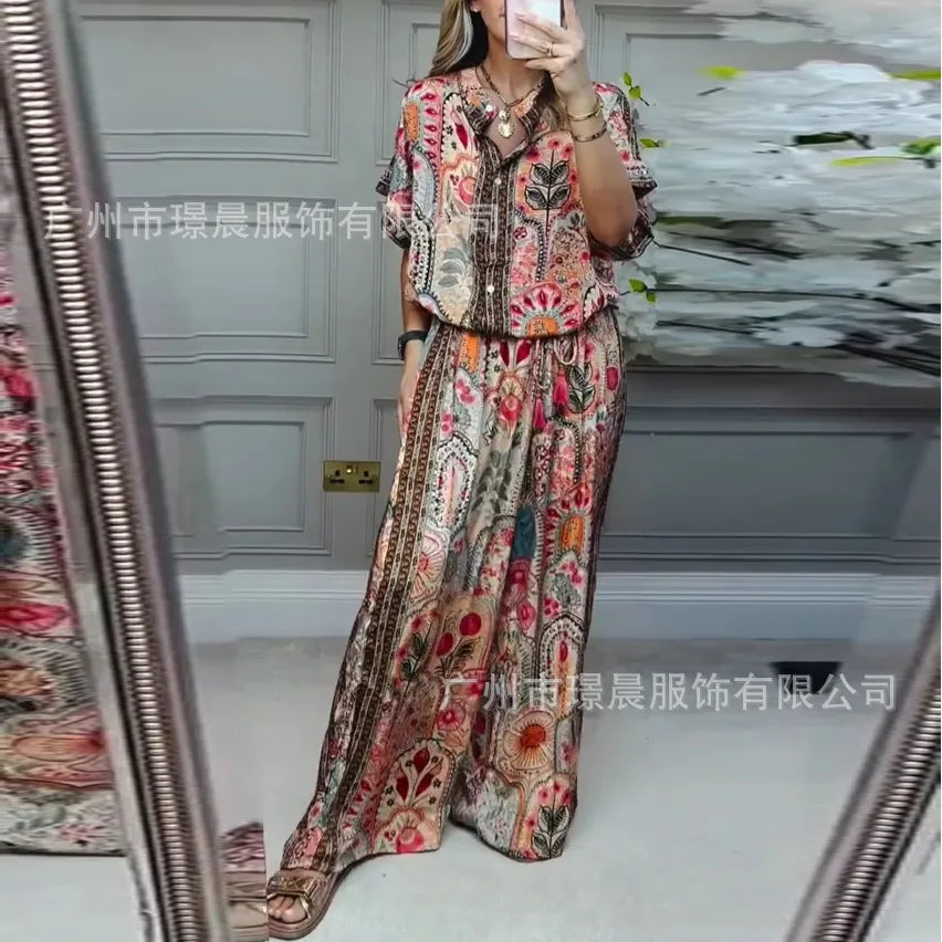 Conjunto Verão 2025 Feminino – Top Estampado Manga Curta + Calça Wide-Leg