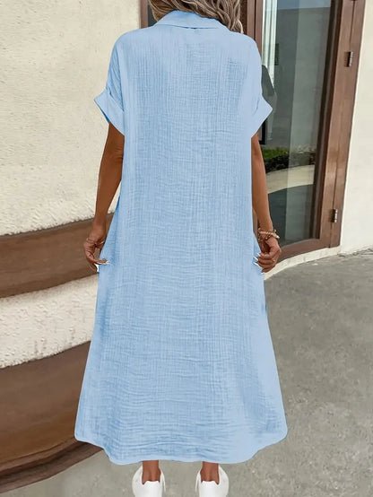 Vestido Feminino Camisa Verão – Manga Curta, Cor Sólida