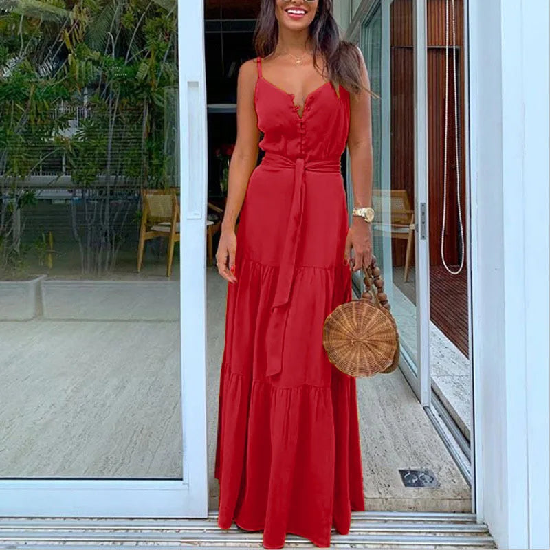 Vestido Feminino Decote V – Sem Mangas, Botões Únicos