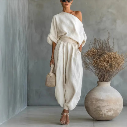 Conjunto Resort Luxe – Ombro Assimétrico & Calça Wide Leg