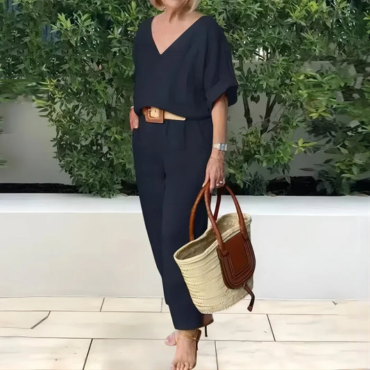 Ensemble 2 pièces femme été 2024 – Chemisier col V + pantalon ample en coton et lin