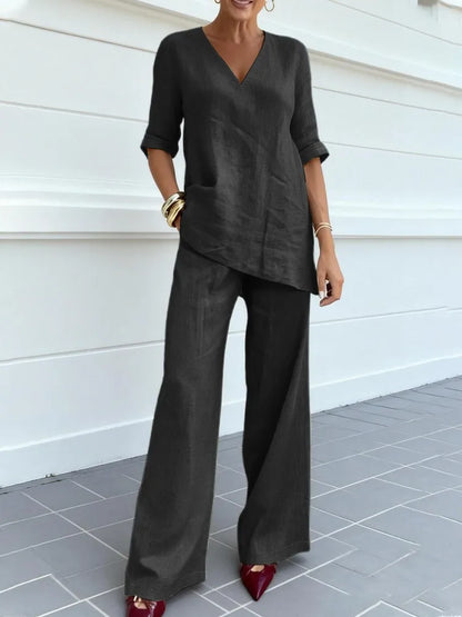 Conjunto Algodão & Linho – Blusa Decote V & Calça Reta