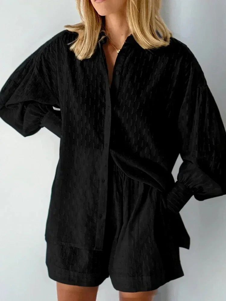 Conjunto Feminino 2 Peças Casual Solto – Camisa Manga Longa + Shorts Streetwear