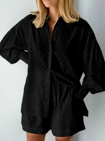 Conjunto Feminino 2 Peças Casual Solto – Camisa Manga Longa + Shorts Streetwear