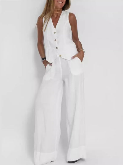 Conjunto Feminino Primavera/Verão 2024 – Colete (Vest) + Calça Wide-Leg