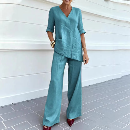 Conjunto Algodão & Linho – Blusa Decote V & Calça Reta