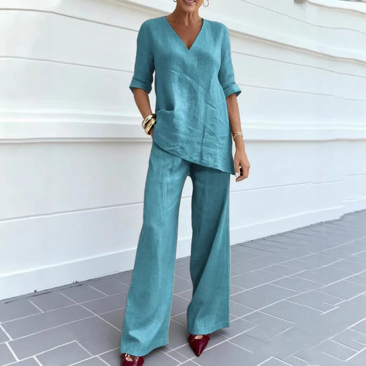Conjunto Algodão & Linho – Blusa Decote V & Calça Reta