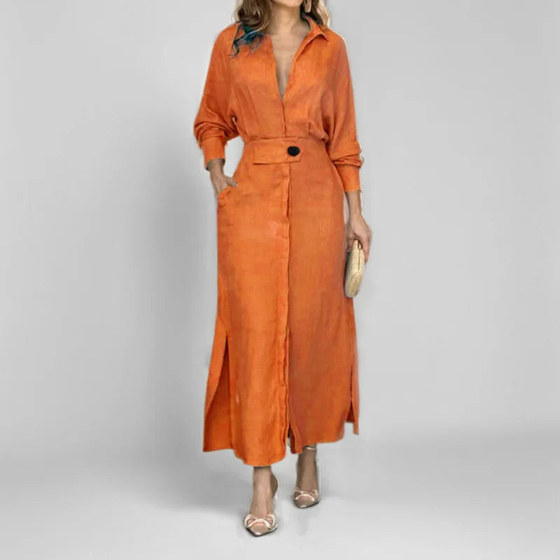 Vestido Feminino de Outono – Manga Longa com Decote V