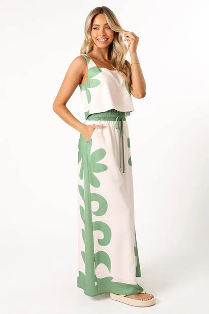 Conjunto Feminino de Verão – Colete Sem Manga & Calça Wide Leg Estampada