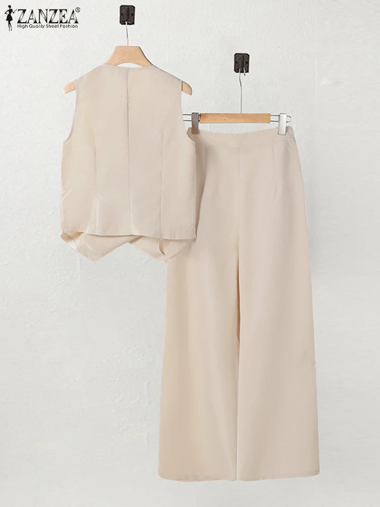 ZANZEA Women's Set – Vest & Wide Leg Pants with Irregular Buttons