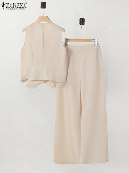 ZANZEA Women's Set – Vest & Wide Leg Pants with Irregular Buttons