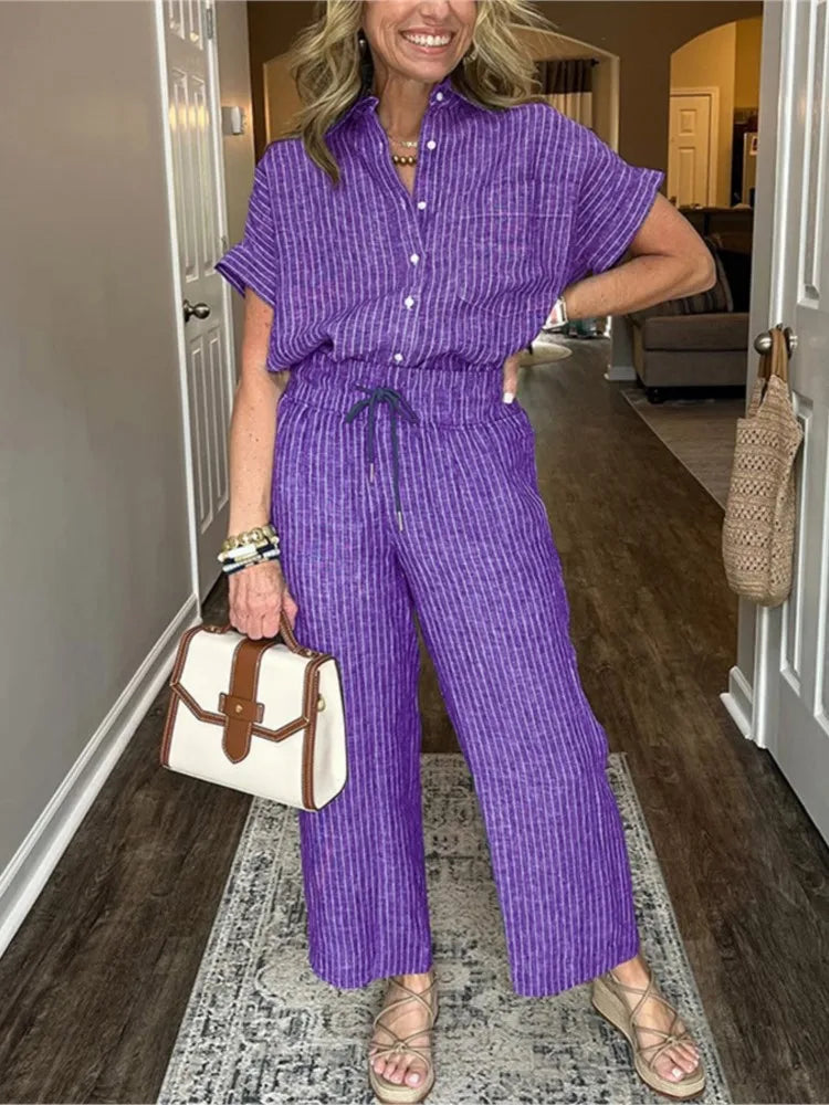 Conjunto Feminino Listrado – Camisa Manga Curta + Calça Solta