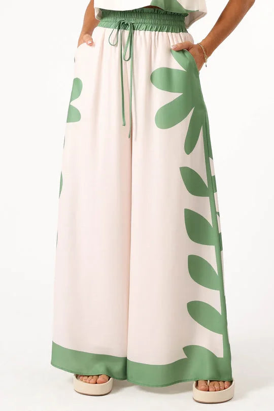 Conjunto Feminino de Verão – Colete Sem Manga & Calça Wide Leg Estampada
