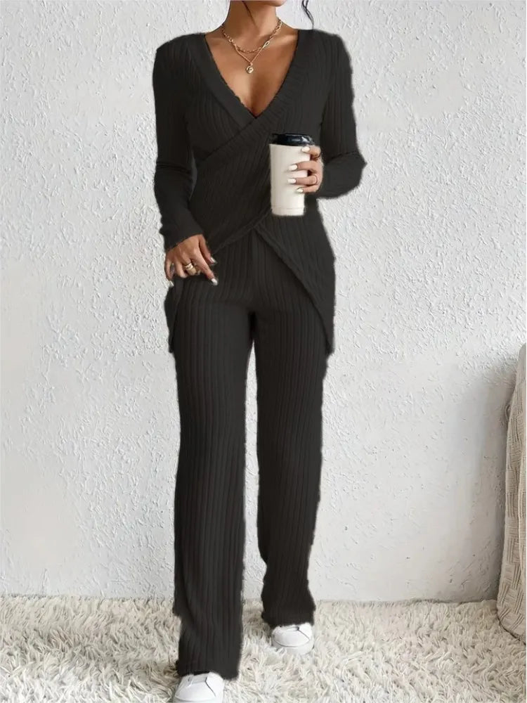 Conjunto Feminino 2 Peças – Blusa Manga Curta + Calça Wide-Leg Casual Chic