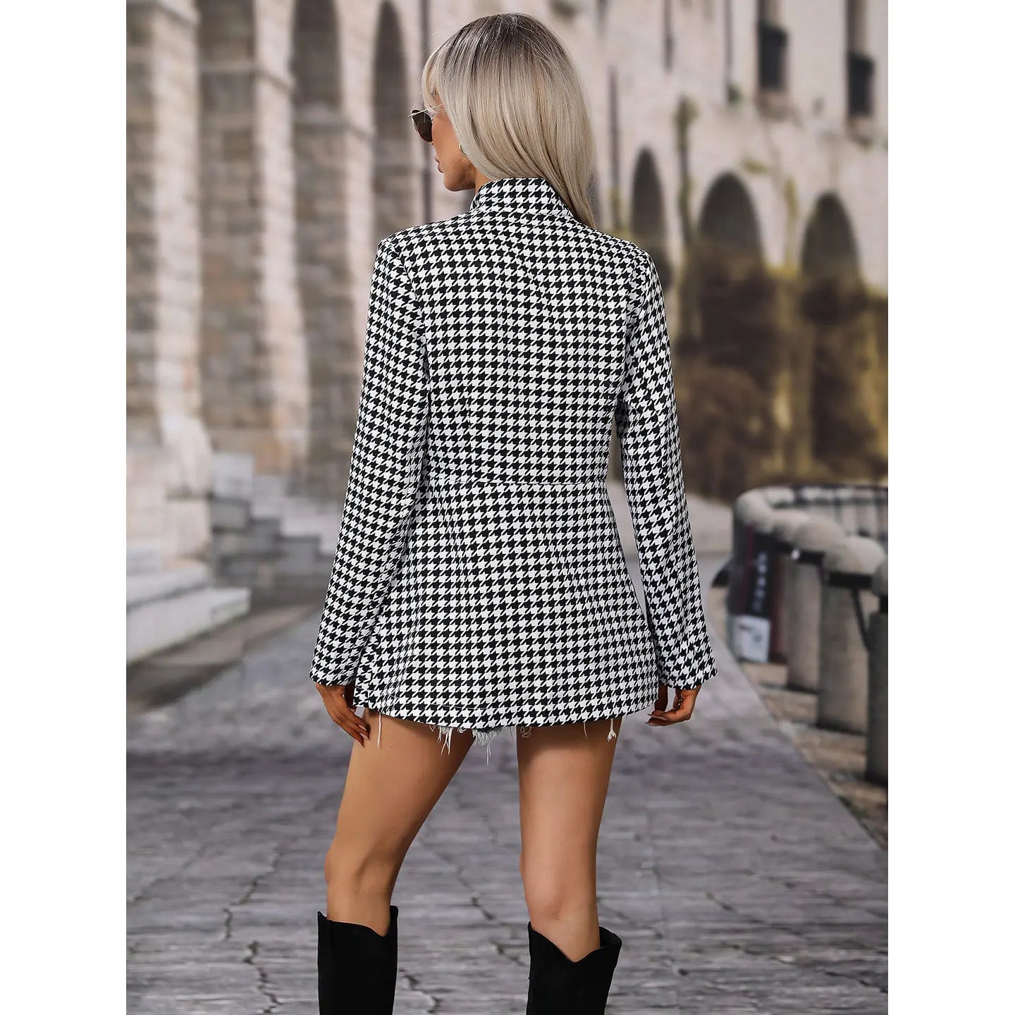 Women's Pied de Poule Check Blazer – Open Cut, Long Sleeves