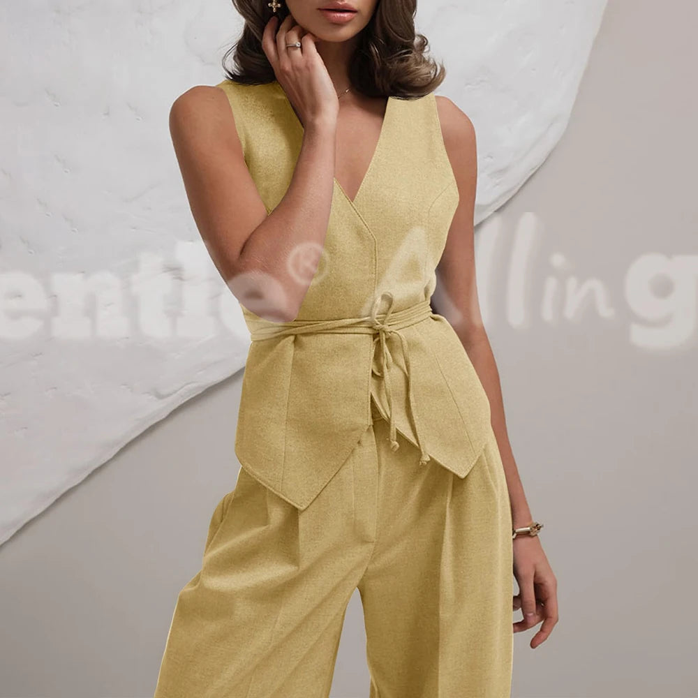 Conjunto Feminino Linho Sólido – Colete + Calça Wide-Leg