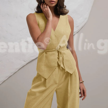 Conjunto Feminino Linho Sólido – Colete + Calça Wide-Leg