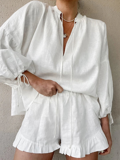 Conjunto Feminino Casual Slim – Blusa Manga Longa & Shorts Cintura Elástica