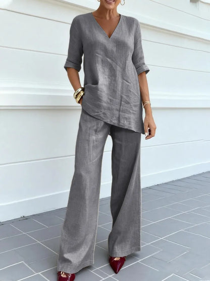 Conjunto Algodão & Linho – Blusa Decote V & Calça Reta